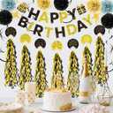 Black and Gold Birthday Decorations Kit, 22Pcs Happy Birthday Banner Pre-Strung, Hanging Swirls & Paper Flowers for 21st 30th 40th 50th 60th Milestone Birthday Party Supplies