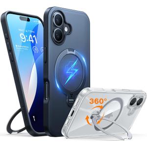 TORRAS 360 Spin Magnetic Stand for iPhone 16 Case 6.1 inch, Compatible with Magsafe, 12FT Military Grade Protection, Shockproof Slim Case for iPhone 16 Phone Case with Kickstand & Ring Holder, Black (16 Case, 6.1'', Black)