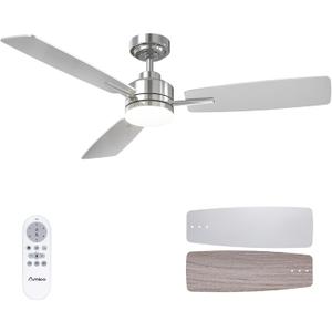 Amico Ceiling Fans with Lights, 52 Inch Ceiling Fan with Light and Remote Control, Nickel Fan, Reversible, 3CCT, Dimmable, Noiseless, Ceiling Fan for Bedroom, Indoor/Outdoor Use