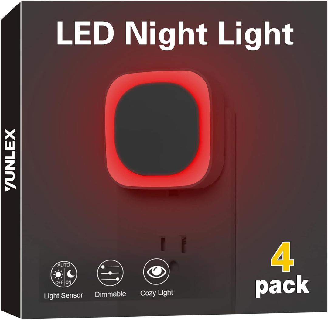 4 Pack Plug in Dimmable Red Night Light, Auto Dusk to Dawn Sensor,Soft Glow, Diffused Light, LED Night Light for Kids, Adults, Bathroom, Hallway, Stairs, Kitchen, Bedroom, Garage, as Gifts