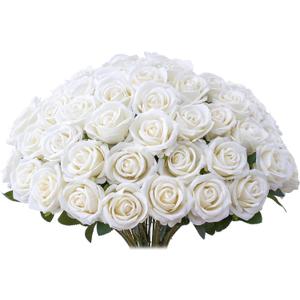30 PCS Fake White Roses, Artificial White Flowers Bulk Realistic Silk Faux Roses with Stems for Wedding Decorations Table Centerpieces Bridal Bouquet DIY Floral Arrangement Event Party Home Decor