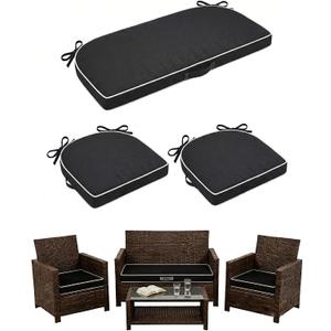 3 Pack Foam Wicker Patio Furniture Cushions, Replacement Cushions Fit Outdoor 4 Pieces Rattan Chair Sofa Set,Waterproof Outside Loveseat Pads,41x18x2 + 18x18x2,U Shape,Black+White Piping