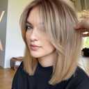 ALANHAIR Ombre Brown Blonde Wigs for Women Ash Blonde Wig with Curtain Bangs Shoulder Length Natural Synthetic Wig for Daily Use