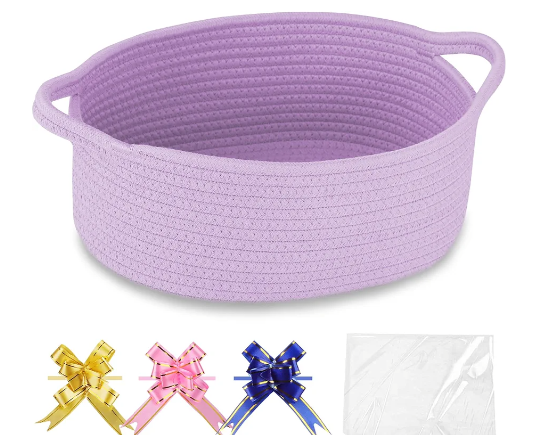 COMSE Small Woven Basket with Gift Bags and Ribbons, Gift Basket Empty, Cotton Rope Storage Organizer, Baby Toy Box with Handles, 12" x 8" x 5", Purple