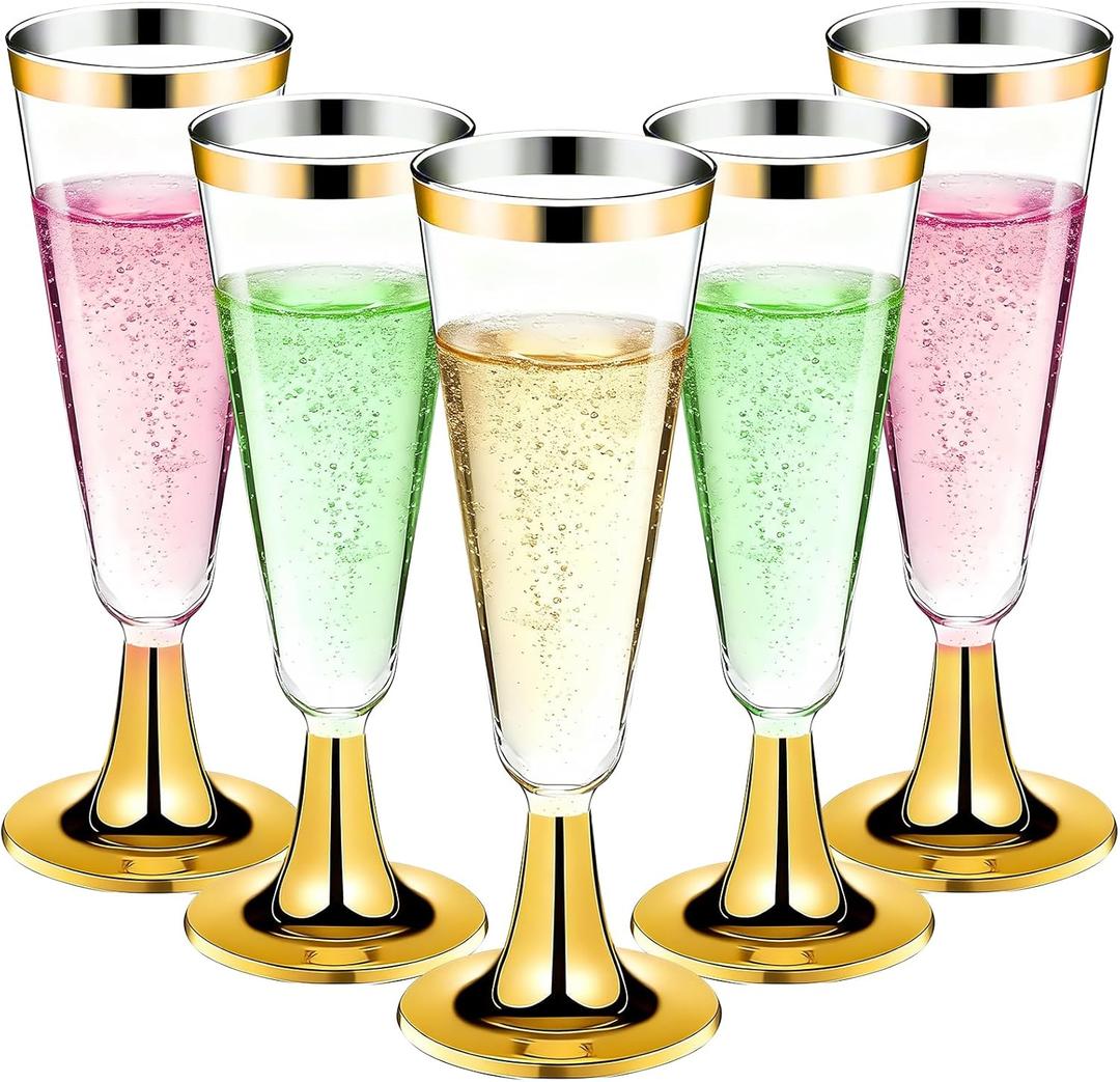 40 Pack Plastic Champagne Flutes with Gold Rim Gold Bottom, 5.5 Oz Clear Disposable Plastic Champagne Glasses, Wine Glasses Cups for Wedding Celebration Party Wine Tasting New Years Eve Party Supplies
