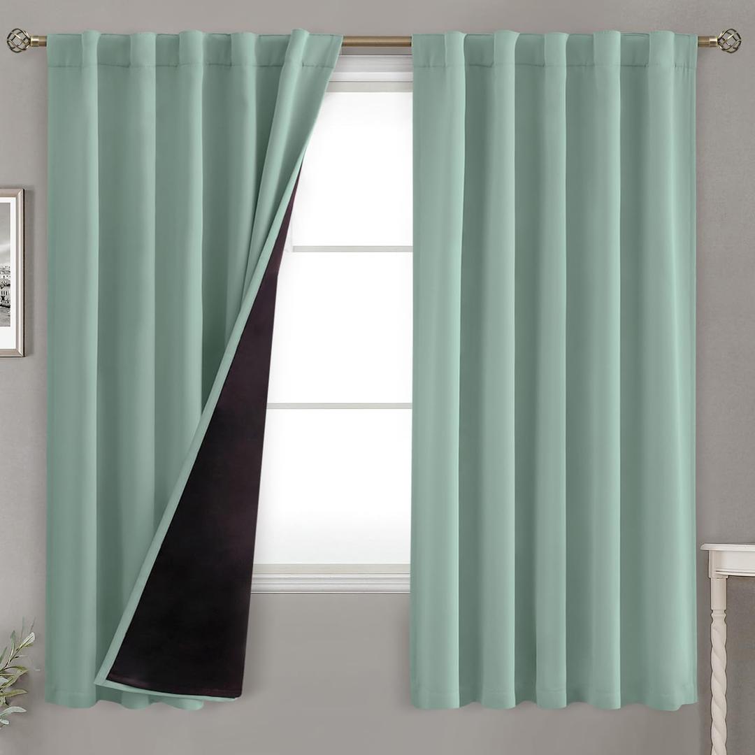 BGment Blackout Curtains with Thermal Insulation Liner Curtains 63 Inches Long, Rod Pocket and Back Tab Double Layer Room Darkening Window Curtain for Bedroom(42 x 63 Inch, 2 Panels, Frosty Green)