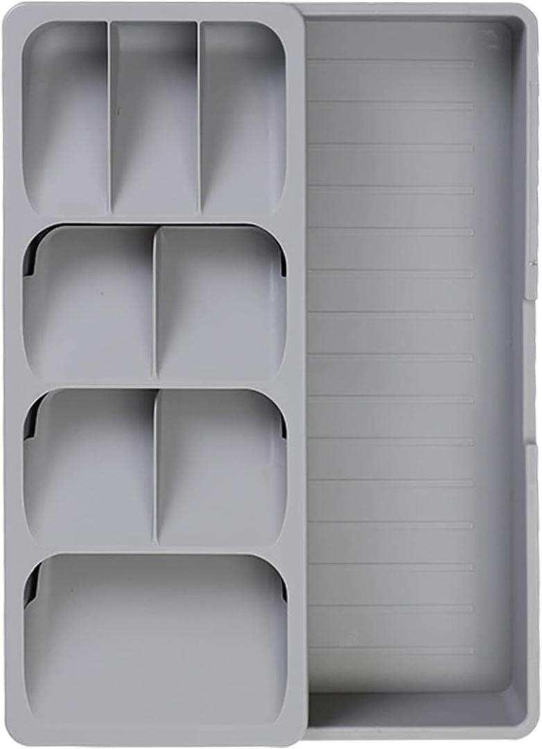 Sazoemao Kitchen Drawer Organizer Tray,Silverware Organizer Storage Tray,DrawerStore Compact Cutlery Expandable Organizer for Kitchen Drawer Holding Flatware Spoons Forks Grey