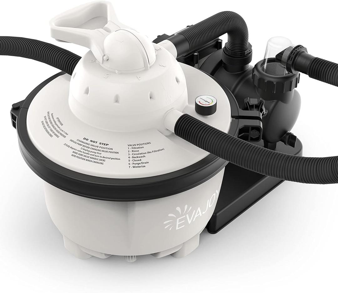 EVAJOY Sand Filter Pump, 2000GPH Swimming Pool Pump with 7-Way Valve, Dual Water Tanks, 25.9ft Power Cord for Easy Installation, Compatible with up to 8000 Gallon Above Ground Pools