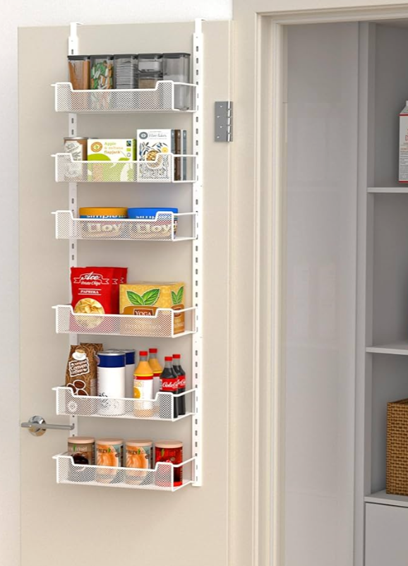 12.3" W Narrow Over the Door Pantry Organizer, 6-Tier Over the Door Organizer with Adjustable Basket, Pantry Door Organization for Pantry Kitchen Storage Room Spice Rack, White