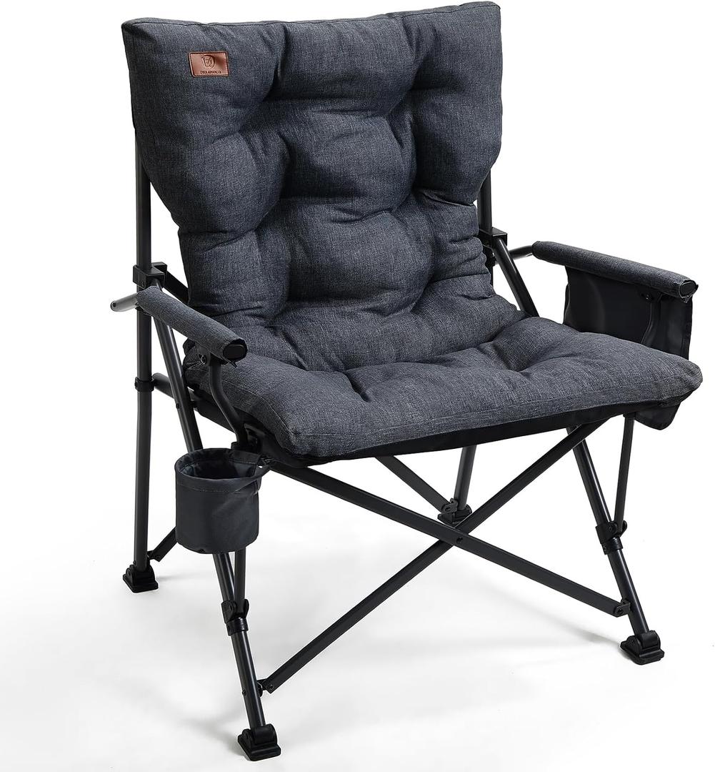 EVER ADVANCED Padded Oversized Folding Camping Chair for Adults, Heavy Duty Lawn Chair with Side Pockets, Portable Collapsible Quad Chair for Outside, Support Up to 500lbs, Black, 24 inches x 19.7 inches x 40 inches
