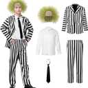 Black White Striped Set, Beatle Juice Cosplay Blazer with Wig Pants Tie, Halloween Costumes for Adults (Medium, Men)