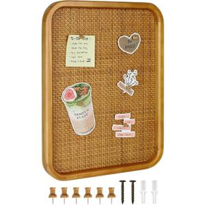 13" x 17" Bulletin Board, Round-Edged Rectangle Cork BoardWooden Frame with Boho Style Rattan Wall Organizer,3343Teng