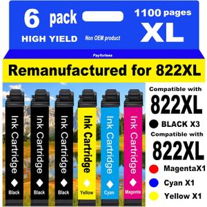 PayForLess for 822XL Remanufactured for Epson 822XL Ink Cartridges for 822 XL T822 Workforce Pro WF-3820 WF-3823 WF-4820 WF-4830 WF-4833 WF-4834 Printer 3 Black 1 Cyan 1 Magenta 1 Yellow 6 Pack