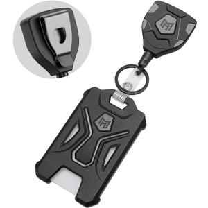 MNGARISTA 1 Pack Heavy Duty Badge Holder, Vertical ID Card Holder for Credit Cards, Clear ID Window, All PC Polycarbonate Plastic Housing, 5 Cards Capacity, Built-in Elastic Clip, Black