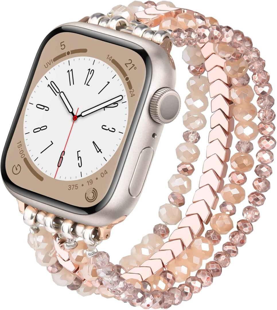 MOFREE Beaded Bracelet Compatible with Apple Watch Band 42mm/44mm/45mm/49mm/46mm Series 11/10/9/8/7/SE/6/5/4/3/2/1 Women Fashion Handmade Elastic Stretch Strap for iWatch Bands for Women Rose Gold