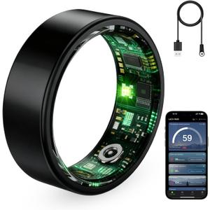 Smart Ring for Women & Men, Fitness Tracker Ring with Heart Rate Monitor, HRV, Sleep Tracking, No Subscription Fee, 10ATM Waterproof Activity Ring for iPhone & Android (Black, #12)
