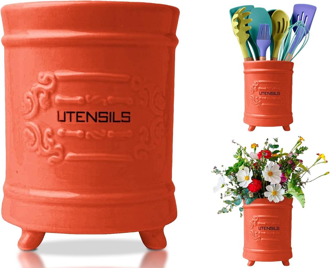 French Coral Ceramic Utensil Holder - Vintage Style Kitchen Utensil Caddy - Antique Design Cooking Utensil Organizer - Rustic French Country Utensil Crock for Cooking Enthuziast