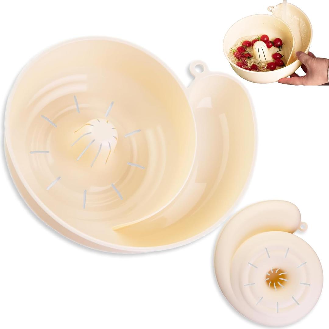 Snail-Shaped Drain Basket Automatic Vegetable and Fruit Washer, Rotating Washing Bowl with Strainer, Berry Washer Spinner Basket, Portable Fruit Cleaning Drain Tool for Home Kitchen (Yellow)
