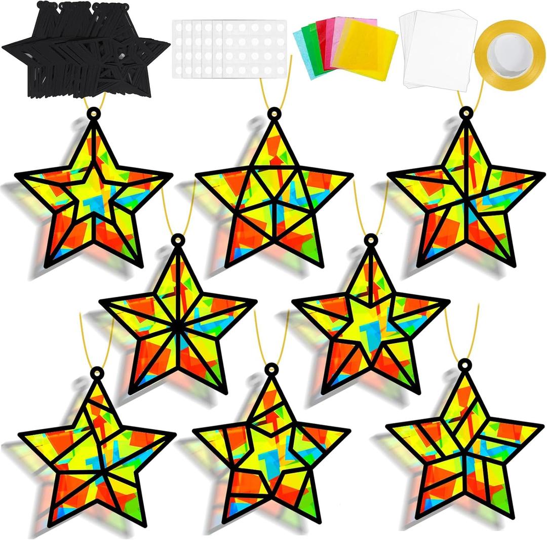 QOUBAI 32 Sets Stars Suncatchers Craft Back to School DIY Stained Glass Window Patriotic 4th of July Paper Craft Home School Classroom Decor Kid Birthday Gift Creative Art Activity Game
