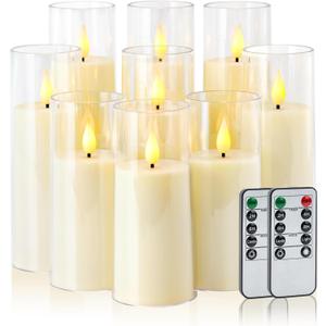 Amagic Ivory Flameless Candles with Remote, Battery Operated Candles with Timer, Acrylic Plexiglass Flickering LED Fake Candle for Wedding, Holiday, Home Decor, Set of 9, D2.2 x H5 6" 7" (Ivory White & Warm Yellow Glow)