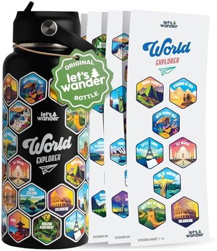 LET'S WANDER World Explorer Adventure Water Bottle with 50 Waterproof Stickers - 32oz Leakproof Insulated Stainless Steel with Straw - Travel Goal Gift Bottle (Black)