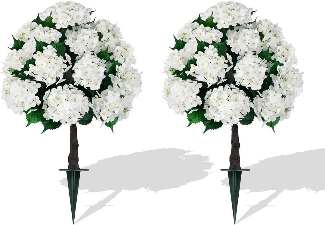 Grooy 2 Pack 33" Artificial Topiary Ball Trees with White Hydrangea | Fake Shrubs UV Resistant, Faux Flowers for Outdoors, Realistic Evergreen Bushes Plant for Front Porch Garden Indoor Decor