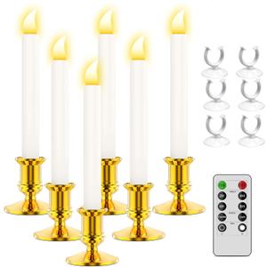 RONXS LED Window Candles With Timer, Flickering Flameless Taper Candles With Remote, Battery Operated, Indoor Christmas Decorations (6 Pcs Gold)