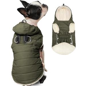 Fleece Lining Dog Hoodie with Harness Built in,Extra Warm Small Dog Jacket in Winter Puppy Coats with Drawstring Hooded,Green S (Small (Pack of 1))