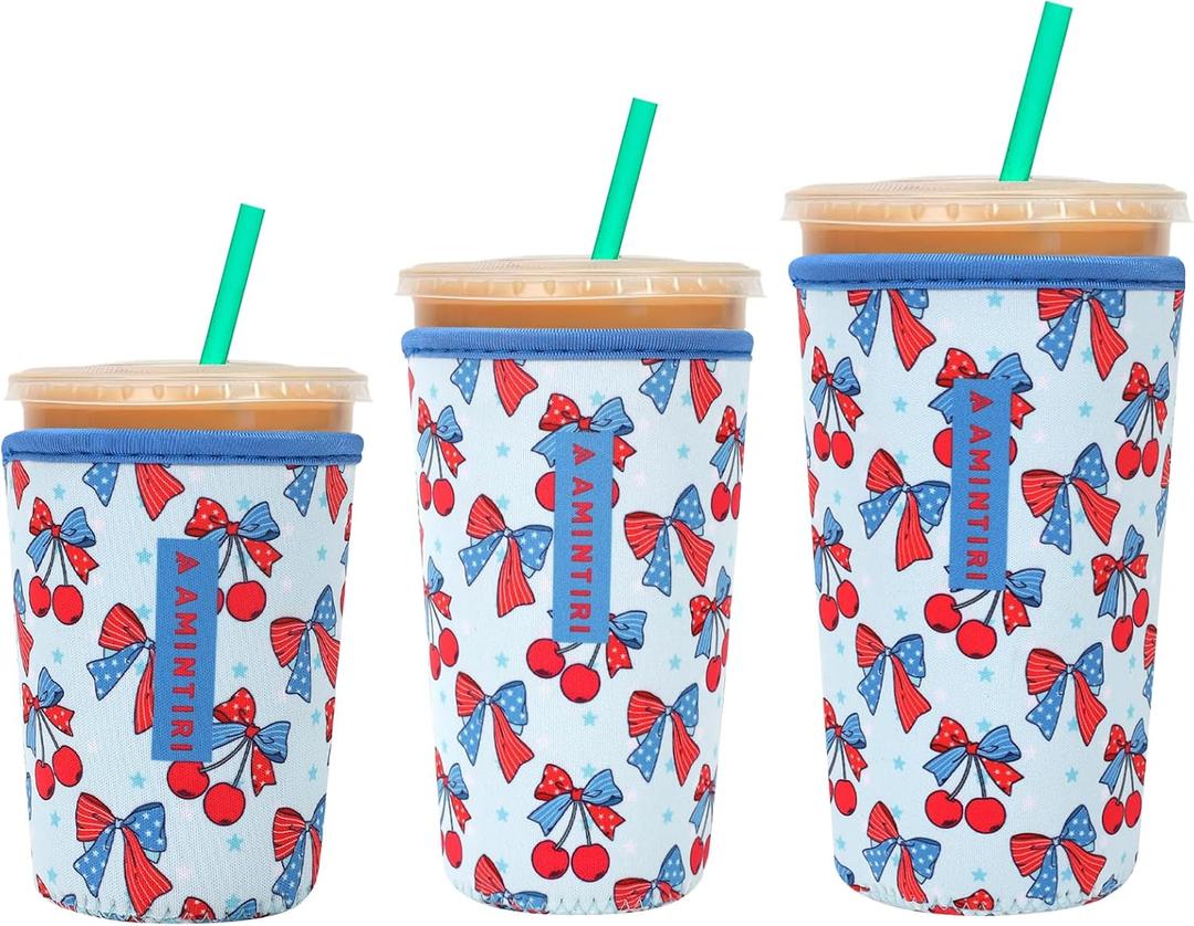 3 Pack Reusable Sleeve for Iced Coffee Cup, Coffee Neoprene Sleeve for Iced&Hot Drinks, Coffee Sleeve Compatible with Starbucks, Dunkin Coffee Cup. (Bow&Patriot)