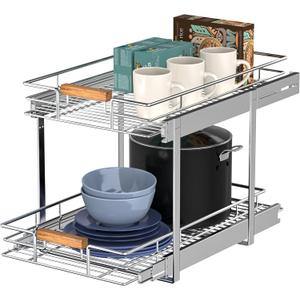 Pull Out Cabinet Organizer(11" W x 21" D), 2 Tier Wire Basket Slide Out Shelf Storage with Wood Handle, Pull Shelf Drawers for 12-1/4 Cabinet Opening, Chrome
