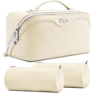 BOYATU Travel Makeup Bag Organizer Cosmetic Bag: 3 Pcs Set Make up Bags for Women with Handle - Waterproof Vegan Leather Toiletry Bags Travel Essentials Pouch with Compartments (C-04-White)