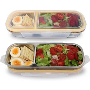 2 Pack Stainless Steel 2 Compartment Snack Containers,Reusable Snack Containers with Lids,Leak Proof Metal Lunch Box,Grab and Go Divided Bento Box for Home Travel Camping (700ml+700ml)