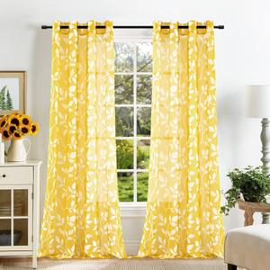 XTMYI Yellow Sheer Curtains 96 Inches Long for Living Room,Match Blue or Gray Grey Decor,Leaf Pattern 96 Inch Curtains 2 Panels Set with Grommets,Light Pale Yellow