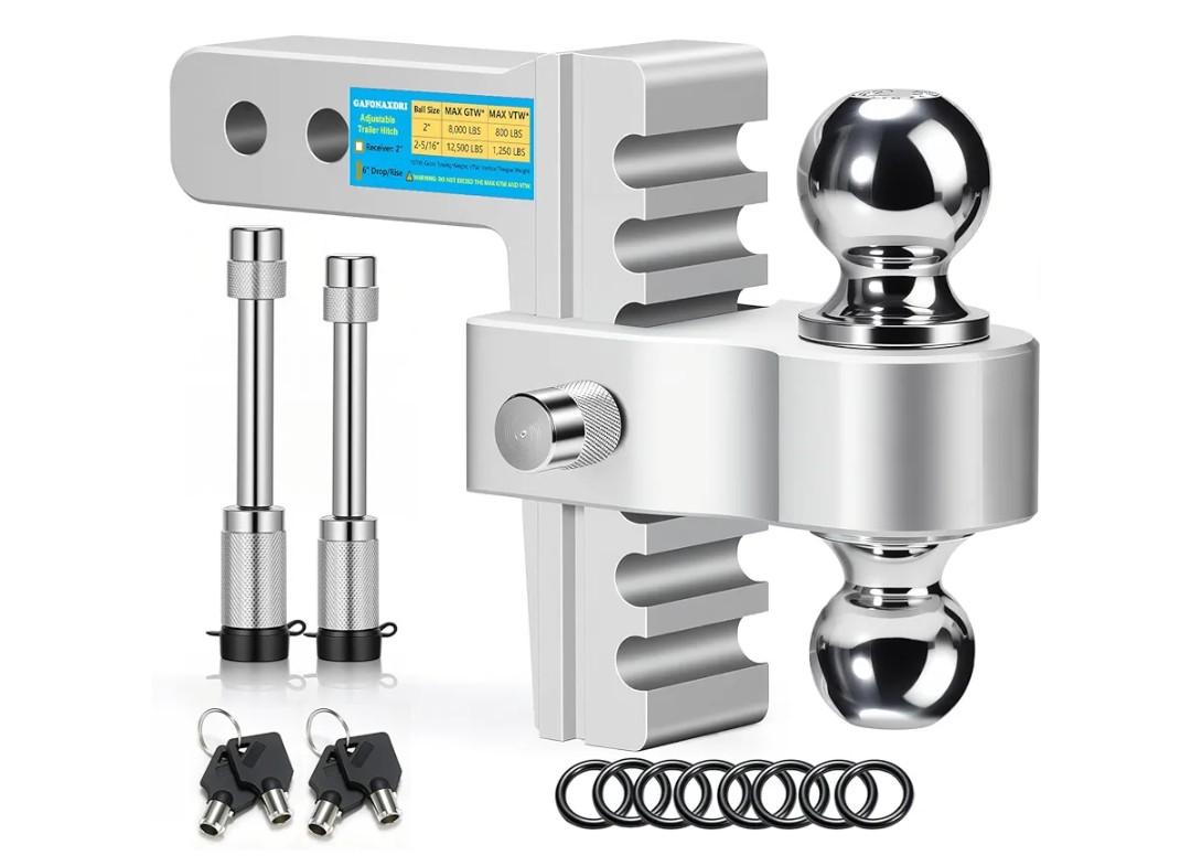 Aircraft Aluminum Adjustable Trailer Hitch for 2 Inch Receiver, Tow Dual Ball 2'' & 2-5/16'' Towing Weight 12,500 LBS, 6'' Drop/Rise, Lightweight/Anti Rust Anti Rattle, Bulletproof Lock Pin