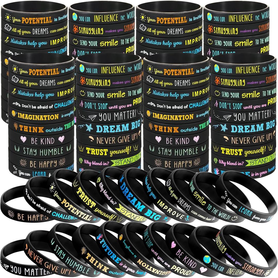 60 Pcs Motivational Silicone Bracelets Motivational Quote Rubber Wristbands Inspirational Silicone Wristband for Kids Children Teens Women Men School Home Office Party Favor Gifts (Black)