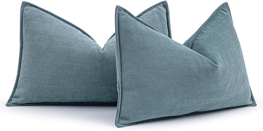MIULEE Pack of 2 Dusty Blue Decorative Lumbar Pillow Covers 12x20 Inch Soft Chenille Luxurious Couch Throw Pillows Farmhouse Cushion Covers with Elegant Design for Sofa Bed Living Room Spring Decor