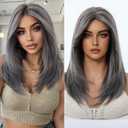 Medium Length Black Mixed Gray Human Hair Wig Layered Straight with Bangs Glueless Wear and Go Natural Looking for Women Daily Party (Black Mixed Gray,16inch)