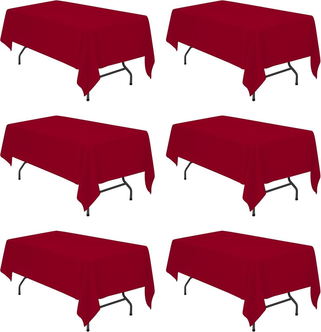 BRILLMAX 6 Pack Burgundy Tablecloths 60 x 102 Inch for 6ft Rectangle Tables - 150 GSM Polyester Fabric, 15" Standard Drop, Water, Stain & Wrinkle Resistant Cloth Cover for Wedding Dining Buffet