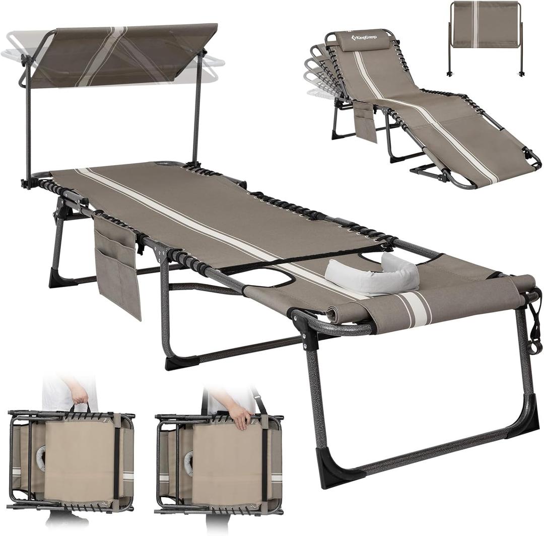 KingCamp Tanning Chair with Face Hole, Lounge Chairs Outdoor Folding Portable Comfy Adjustable 5-Position Foldable Chaise Chaser with Canopy Shade for Outside Beach Patio Sun bathing Pool, Beige/White