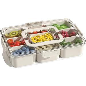 Divided Serving Tray with Lid and Handle - 9 Compartment Snack Box Container Portable Storage Organizer Container for Fruit, Candy, Veggie, Nuts, Spices& Snacks, Perfect for Party, Travel& Picnic