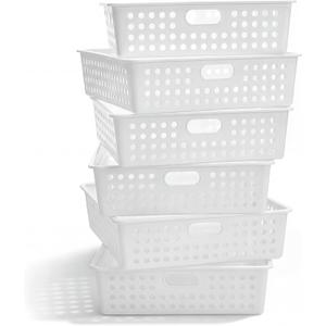 Geetery 6 Pack Classroom Storage Baskets with Handle 14''x10'' Paper Tray Holds A4 Turn in Trays Plastic Paper Baskets Desk Organizer Bin for Classroom, Library, Office, Home (White)