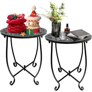 Fashion&cool 2 Pack Outdoor Side Tables, 14" Round Patio Side Table, Weather Resistant Metal Outdoor End Table Side Table for Patio Yard Porch Balcony Garden Bedside, Plant Stand for Indoor Outdoor
