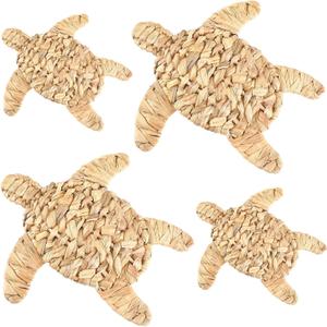 4 Pcs Sea Turtle Beach Theme Decor Handmade Wicker Sea Turtle Wall Decor Scandinavian Hanging Coastal Nautical Sculpture for Boho Bathroom Indoor Outdoor Table Wall Art Ornament