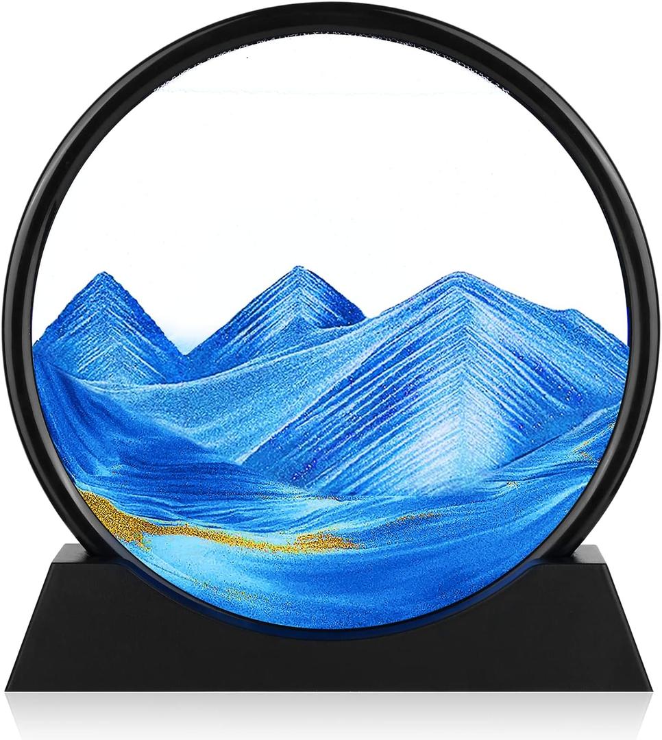 Moving Sand Art Picture - 3D Quicksand Painting Decor - Round Glass 3D Deep Sea Sandscape - Relaxing Decoration for Home,Office,Desk,Mantle,Bookshelf,Room- (Blue, 7 in)