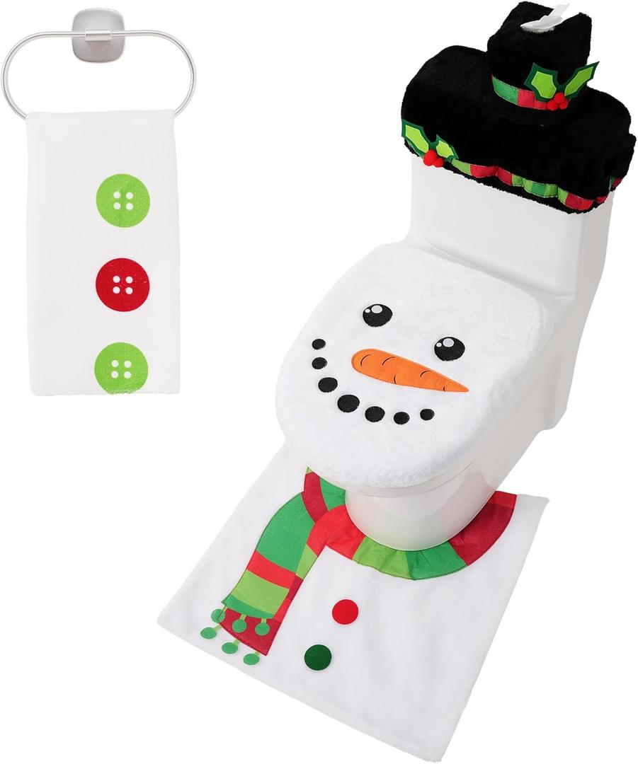 JOYIN 5 Pieces Christmas Snowman Theme Bathroom Decoration Set with Toilet Seat Cover, Rugs, Tank Cover, Toilet Paper Box Cover and Towel for Xmas Indoor Décor, Party Favors