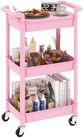 Steehoom 3-Tier Utility Rolling Cart with Cover Top Board, Mobile Utility Cart with Lockable Casters Multi-Functional Storage Trolley for Office, Bathroom, Kitchen, Garden, Laundry Room (Pink)