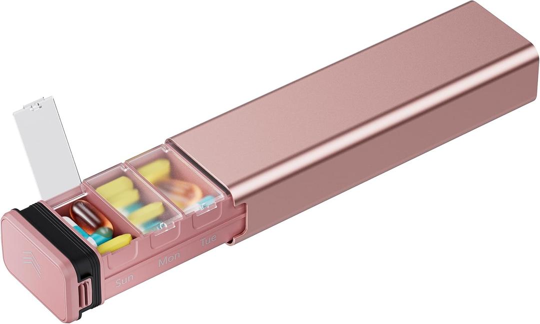 7 Day Weekly Metal Pill Organizer for Travel, Kursoaya Premium Aluminum Daily Pill Box, Cute Portable Pill Case, Large Capacity Pill Holder for Supplements, Pills, Vitamins, Medicine (Rose Gold)