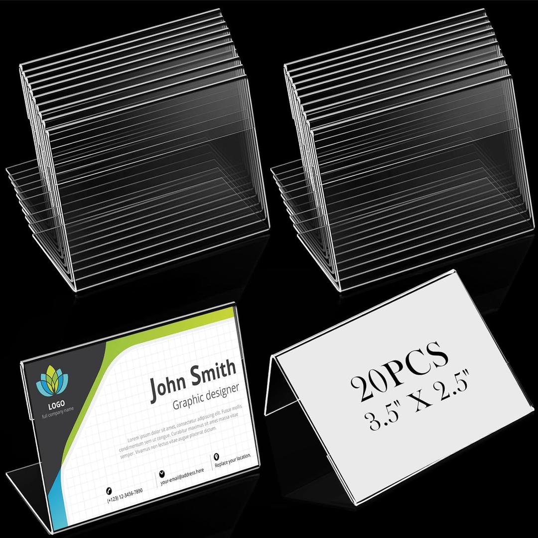 Teling 3.5 x 2.5 Inch Acrylic Business Card Holder Slant Back Sign Holders Clear Name Display Mini Acrylic Stands l Shaped Display Stand for Classroom Home Office Decorating Supplies