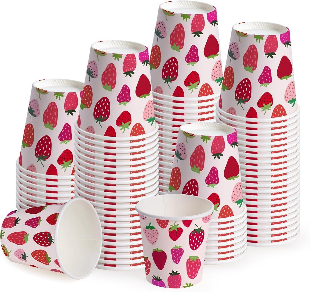 WRAPAHOLIC 3oz Paper Cups - 100 Pack Disposable Bathroom Cups with Strawberry Fruits Design, Small Mouthwash Cup for Toothbrush Rinse, Home Bathroom, Picnic, BBQ, Travel and Party