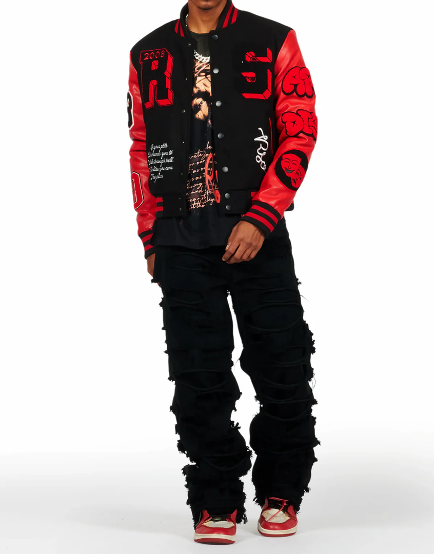 An urban collegiate varsity jacket for men in red. Designed with an ultra soft fleece body and contrast faux leather sleeves for a dope outerwear style, XL